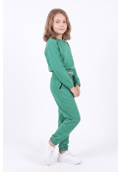 Panios Kids 2'li Yuvarlak Yakalı Beli Lastikli Crop Kesim 4 Parça Kız Çocuk Alt Üst Eşofman Takımı Yeşil-siyah