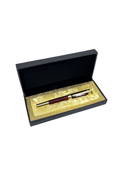 Özel Kutulu Lüks Metal Roller & Tükenmez Kalem - Bordo Ahşap Desenli Altın Detaylı Hediyelik Kalem