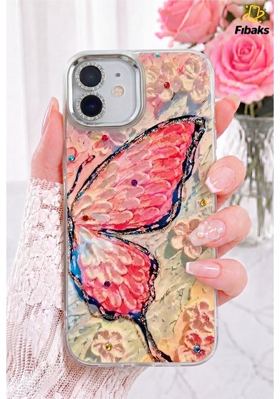Fibaks iPhone 11 Uyumlu Kılıf Renk Geçişli Taşlı Kamera Lens Korumalı Simli Pembe Kelebek Desenli Darbe Emici