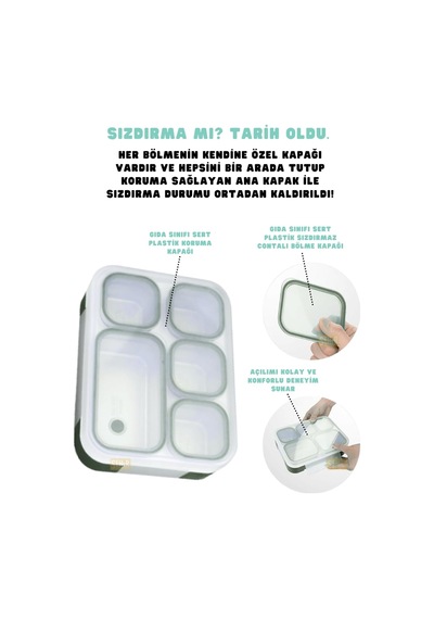 Bento 1000ml Lunchbox Tek Katlı 5 Bölmeli Çelik Sefer Tası Yemek Kutusu Koyu Yeşil Çok Renkli