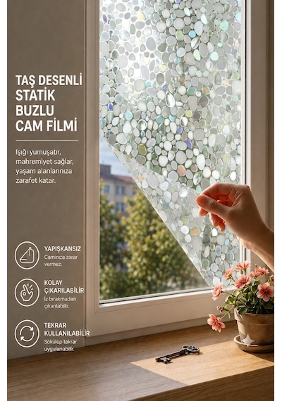 Deconitte Statik Cam Filmi 60x100cm Yapışkansız Mahremiyet Prizmatik Gökkuşağı Efektli Taş Desenli Dekoratif Kaplama