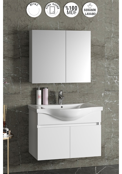 Yıldız 80 Cm Beyaz Mdf Seramik Lavabolu Asma Banyo Dolabı Takımı Beyaz