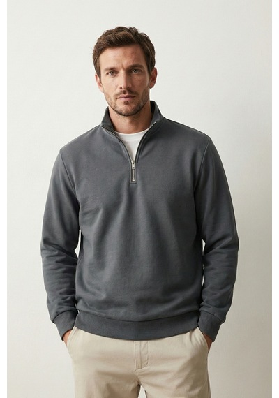 Elemge Pamuklu Erkek Sweatshirt Antrasit Soft Touch Relax Fit Yarım Fermuarlı Dik Yaka 3 Iplik Nefes Alan