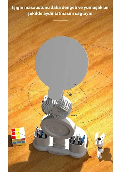 Techtic Led Masa Lambası Yuvarlak Başlı Fanlı Saatli 3 Renk Rgb Işıklı Dimmer Şarjlı Göz Korumalı Beyaz - Gün Işığı