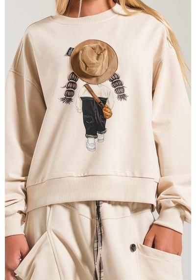 Loco Loco Bej Baskılı Şapka Aksesuarlı Çocuk Sweatshirt