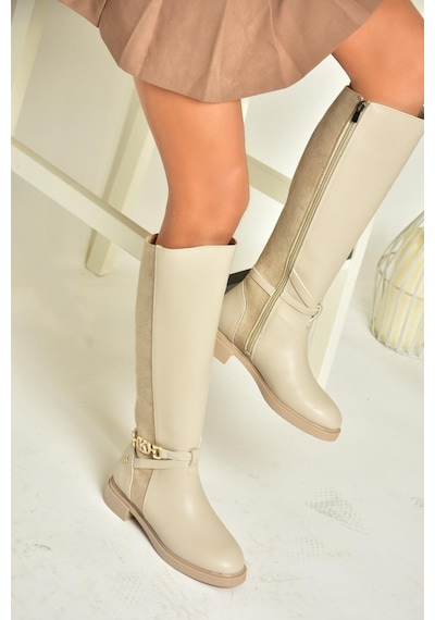 Fox Shoes T973000909 Bej Alçak Tabanlı Kadın Çizme Bej