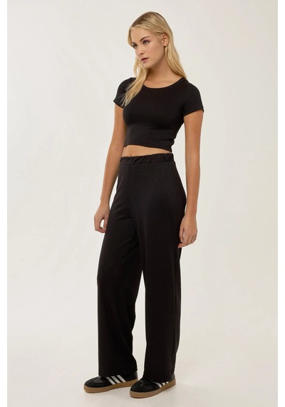 Hiccup Örme Crop Bluz & Lastikli Pantolon Takım Siyah