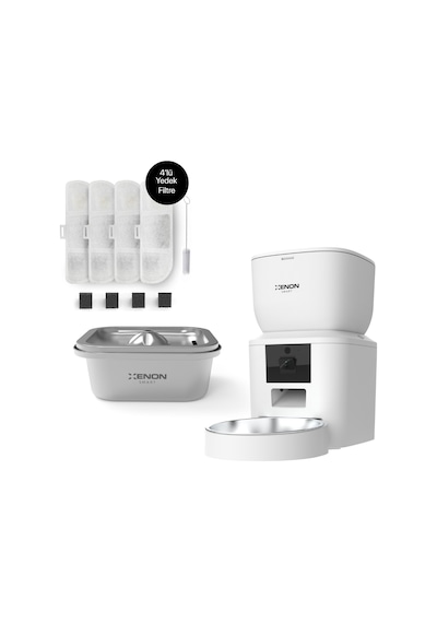 Xenon Smart Akıllı Beyaz Mama Kabı Ultra Sessiz Çelik Su Pınarı ve Yedek Filtre 3'lü Pet Seti