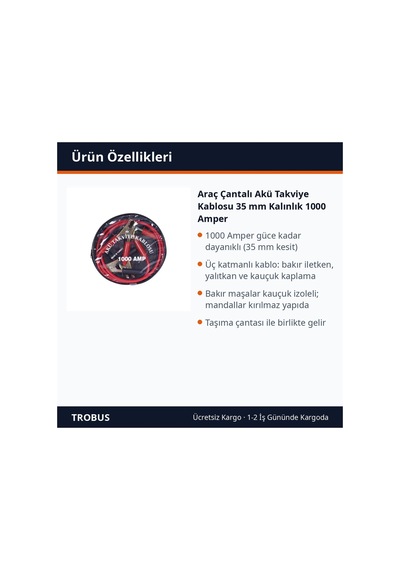Trobus Araç Çantalı Akü Takviye Kablosu 35 Mm Kalınlık 1000 Amper