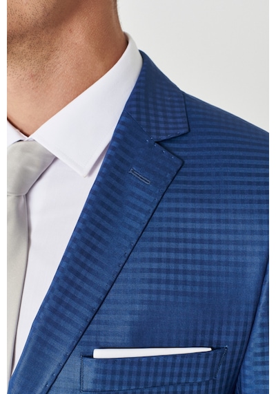 AC&Co / Altınyıldız Classics Eksta Slim Fit Dar Kesim Mono Yaka Kareli Mavi Takım Elbise Mavi-48-6N Mavi