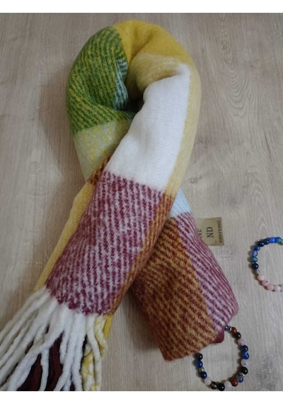 Enefendi Omuz Şalı - Atkı Renkli Kareli Bordoyeşilsarı Yumuşak, Çift Taraflı Pofidik Kışlık ,sıcak 45 X 185 Renkli