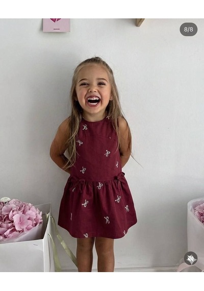 Noble Kids Kız Çocuk Kurdele Nakışlı Pamuklu Elbise Bordo