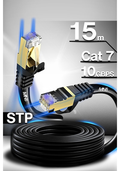 MN6 M109F Cat7 Kablo 15 Metre/Bakır-10gbps-50 Mikron Altın Kaplama/15M Cat7 Ethernet Kablosu