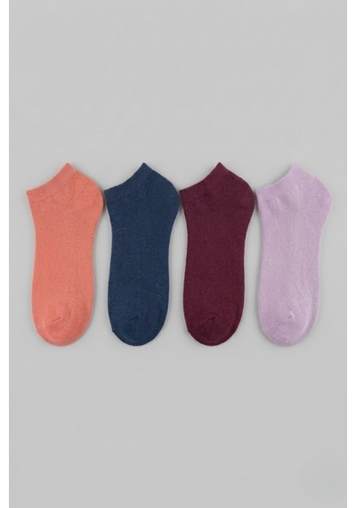Socketta 4'lü Karışık Renkli Kadın Bambu Kendinden Desenli Patik Çorap - Premium Coral-lacivert-bordo-lila