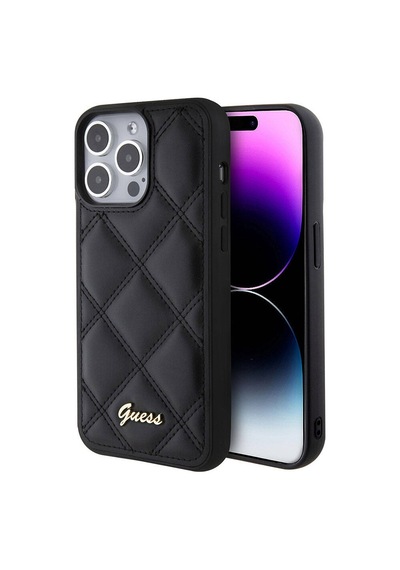 Apple Uyumlu iPhone 15 Pro Max Kılıf Guess Lisanslı Pu Deri Metal Yazı Logolu Kapitone Kapak Siyah