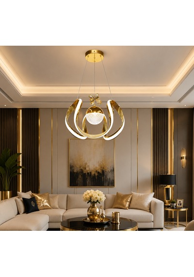 Tt306-dsnsr-1tpl Tt Aydınlatma Kavis Çizgili Desenli Tek Toplu Gold Kaplama Led Avize