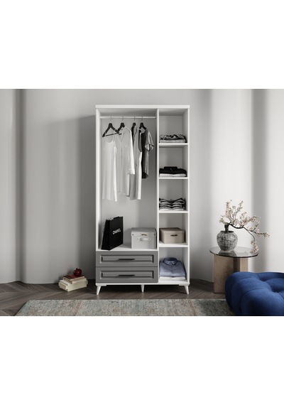 GuneyStore Gözde 3 Kapaklı Komple MDF Antrasit - Beyaz Gardırop