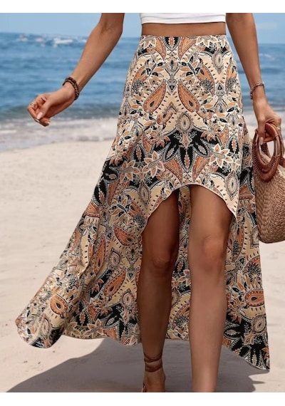Defymoda Kadın Yüksek Bel Çiçek Desenli Önü Asimetrik Detaylı Uzun Süprem Etek