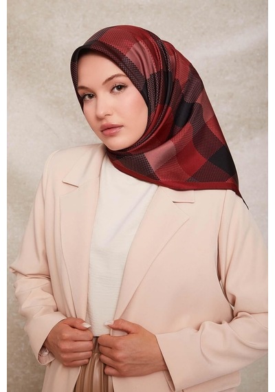 Levidor Noktalı Kareli Bask. Twill İpek Eşarp-0934 Bordo