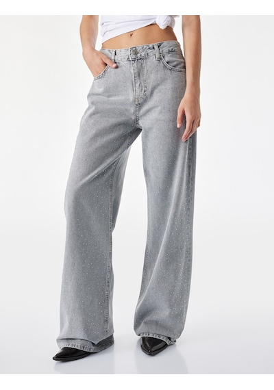 Koton Taş Detaylı Yıkamalı Normal Bel Pamuklu Geniş Paça Denim Pantolon - Wide Leg Jeans Gri 7wal40129md