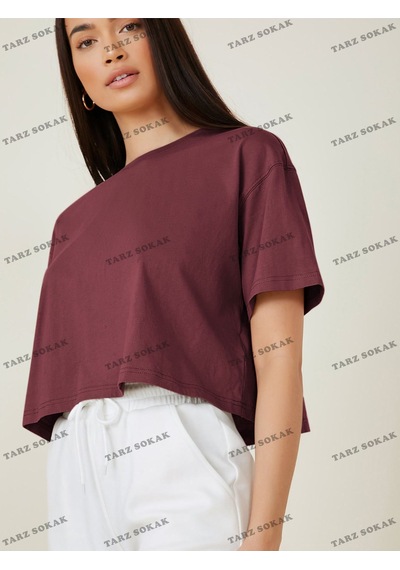 Flood Of Style Crop Ckod-232913 Pamuk Damla Omuz Düz Kısa Bordo