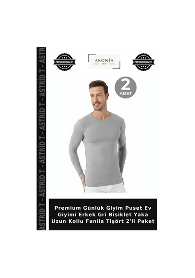 Astrid T Premium Günlük Giyim Puset Ev Giyimi Erkek Gri Bisiklet Yaka Uzun Kollu Fanila Tişört 2'li Paket Gri 2