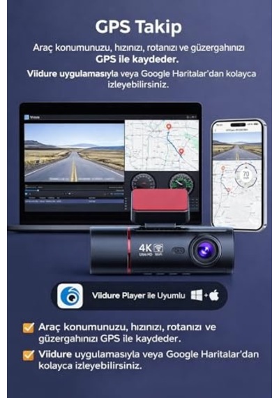 4k Ultra Hd 3 Kameralı Araç Kamerası, Wifi Ve Gps Takipli, Gece Görüşlü, G-sensörlü, Ön + İç + Arka Kayıt