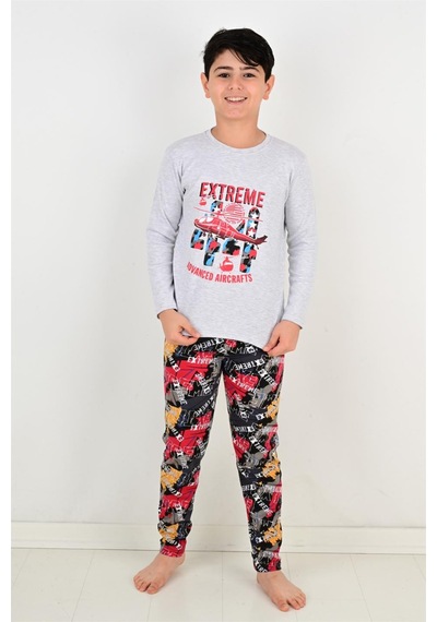 Vitmo Erkek Çocuk Pijama Takımı Uzun Kollu Air Craft Pamuklu Kışlık Gri