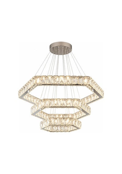 Kristal Taşlı Led Avize Sarkıt 3 Renk Işık Kumandalı Cam 3 Katlı Altıgen Salon Villa Avizesi Gümüş
