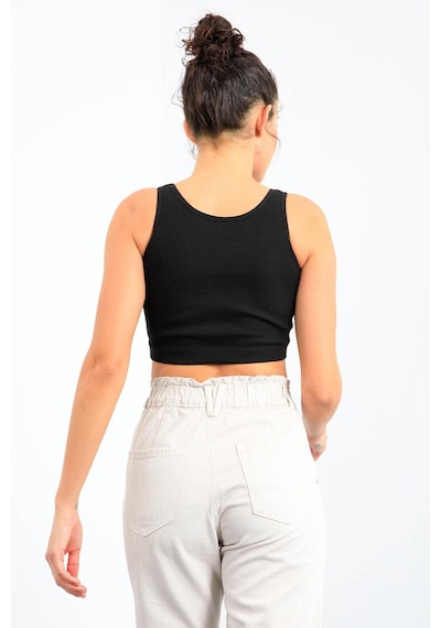 Tommy Life Siyah Basic Sıfır Kol Dar Kalıp U Yaka Kadın Crop Top Atlet - 97160 Siyah