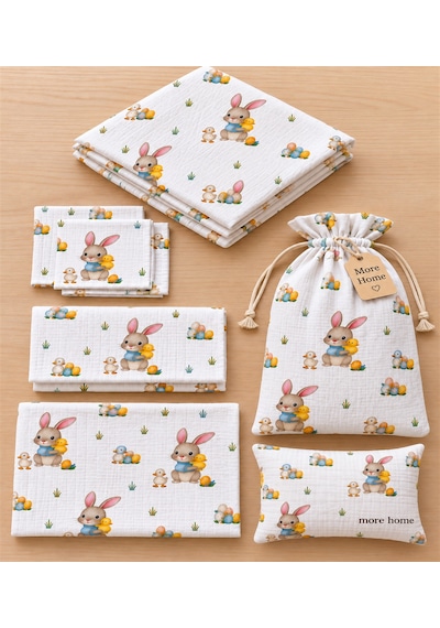 More Home Bebek Müslin Bez Battaniye Set 7 Parça Ördekli &tavşanlı Kırık Beyaz
