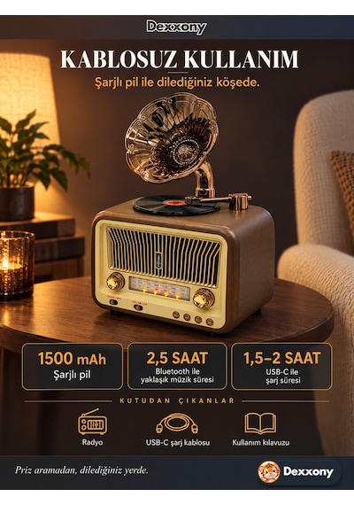Dexxony Dx-2528 Kahverengi Nostaljik Radyo Retro Gramofon Büyük Boy Şarjlı Bluetooth Hoparlör Fm Usb