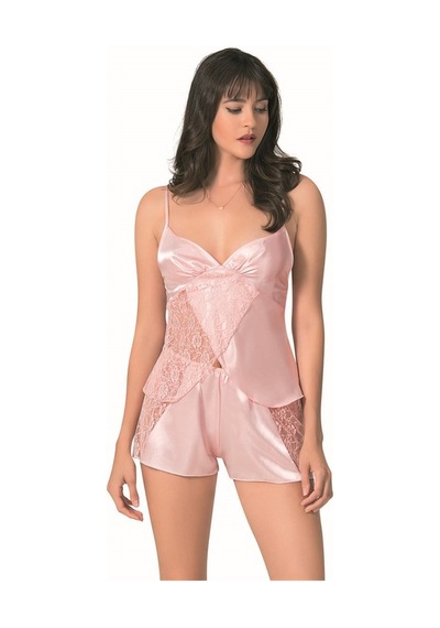 Red Womans Somon Saten Babydoll Şort Takımı