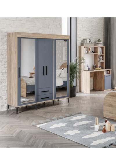 Izmir Çocuk Odası Takımı Tamamı Mdf Antrasit Ve Flora Aynalı