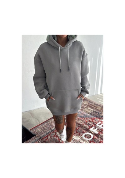 Kadın Kapüşonlu Kanguru Cepli 3 İplik Pamuklu Oversize Hoodie Sweatshirt - Boyalı Gri