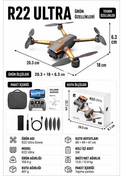 R22 Ultra Drone Katlanabilir Dron 1080p Hd Kamera Fırçasız Motor Renkli Led Işıklı Soğutucu Aydınlatma Optik Akış Koruma Titreşim Önleme Çift Elektirkli Kamera