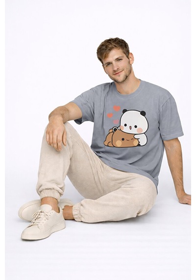 Sevimli Panda Baskılı Sevgili Kombini Çift Tişört Oversize Unisex Çok Renkli