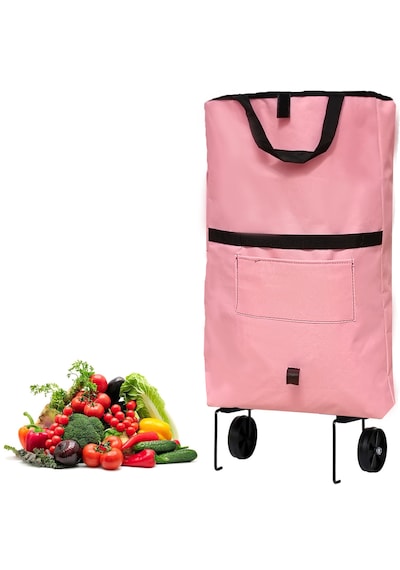 Microcase Tekerlekli Cepli Tasarım Katlanabilir Portatif Pazar Market Arabası Malzeme Çantası- Al4966 - Pembe