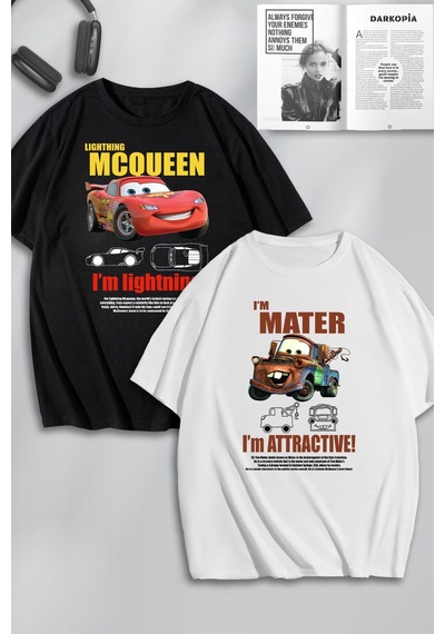 Unisex Cars Şimşek Mcqueen Ve Mater Ön Baskılı Arkadaş Çift Kombini Tasarım Oversize T-shirt 2li Siyah Beyaz Mck0523 Siyah Beyaz