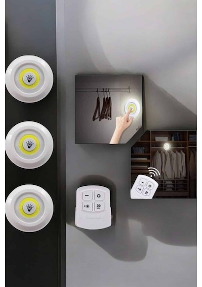 Spot Lamba Led Işık 3'lü Uzaktan Kumandalı Pilli Yapışkanlı Kablosuz Renkli 60976465