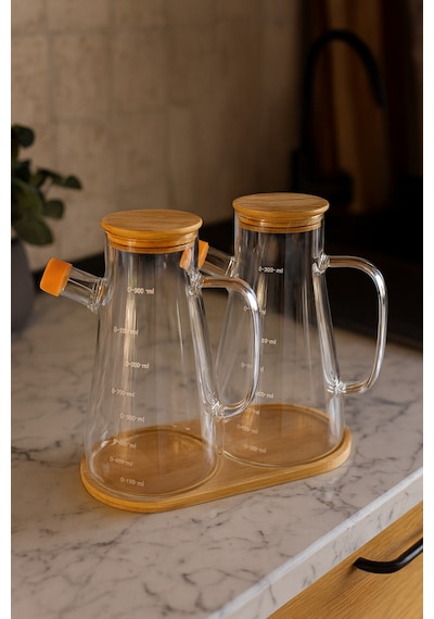 Makri Home 2'li 900 Ml Bambu Kapaklı Ve Altlıklı Borosilikat Cam Yağlık/sirkelik/sosluk Şeffaf