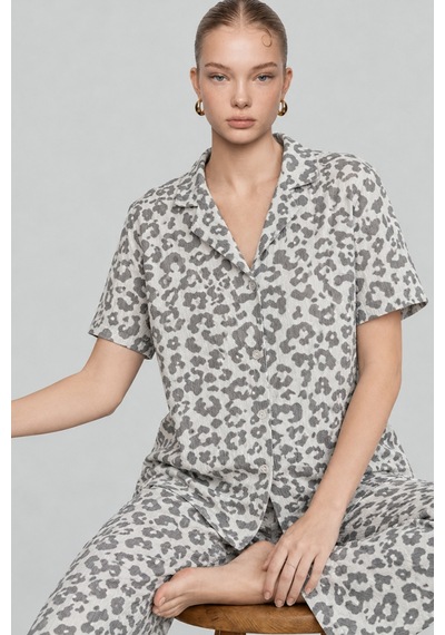 Kadın Kısa Kollu Rahat Gri Pijama Takımı 4731