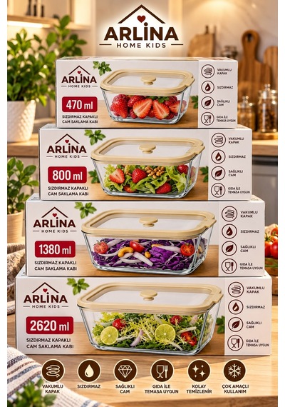4'lü Vakum Kapaklı Cam Saklama Kabı Seti 470-800-1380-2620 Ml