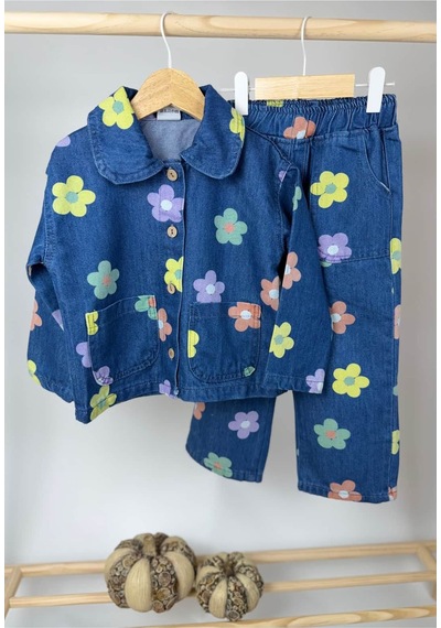 Poala Kids Çiçekli Kot Takım Çok Renkli