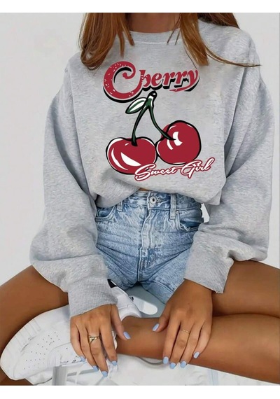 Uyguntarz Unisex Sweet Girl Cherry Baskılı Oversize Sweatshirt Gri