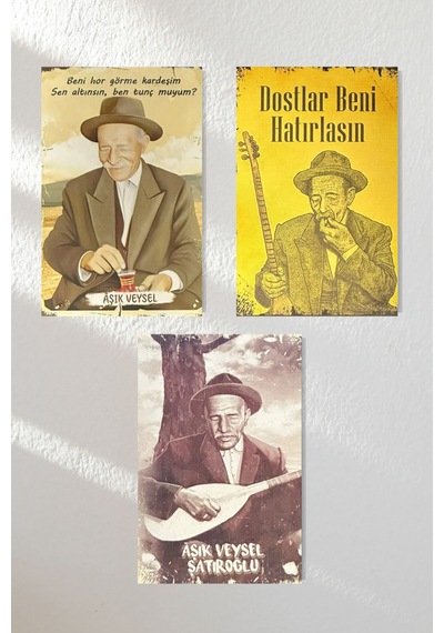 "aşık Veysel" Ahşap Poster Üçlü Set 20 15 Cm - 593174806