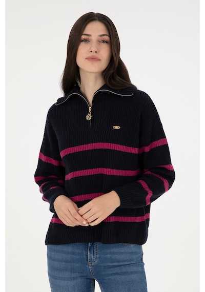 U.S. Polo Assn. Kadın Lacivert V Yaka Fermuarlı Kazak 50297407-VR033