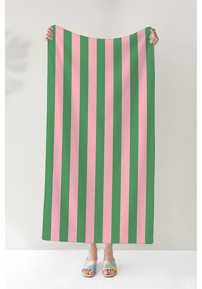 Çizgili Pembe Yeşil Plaj Havlu Örtüsu - Modern Renk Bloklu Hızlı Kuruyan Mikrofiber Havlu Örtü Uçuk Akasya