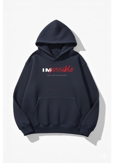 Uyguntarz Unisex Yumuşak Dokulu Impossible Baskılı Tasarım Oversize 3 İplik Hoodie Sweatshirt Indigo