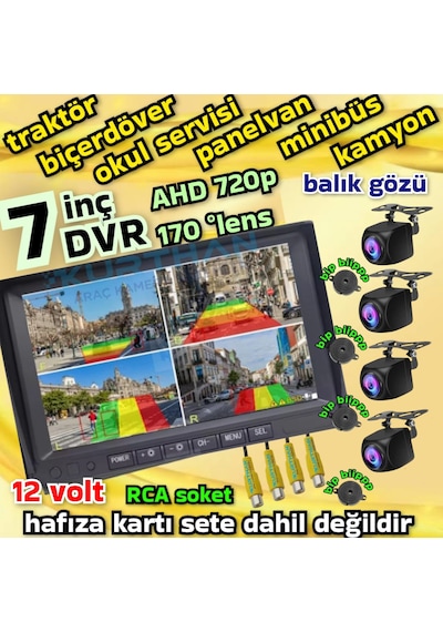 4 Adet Ahd 720p Nesne Tanımalı Sesli İkazlı Kamera 7 İnç Dvr Monitör Set 12 Volt